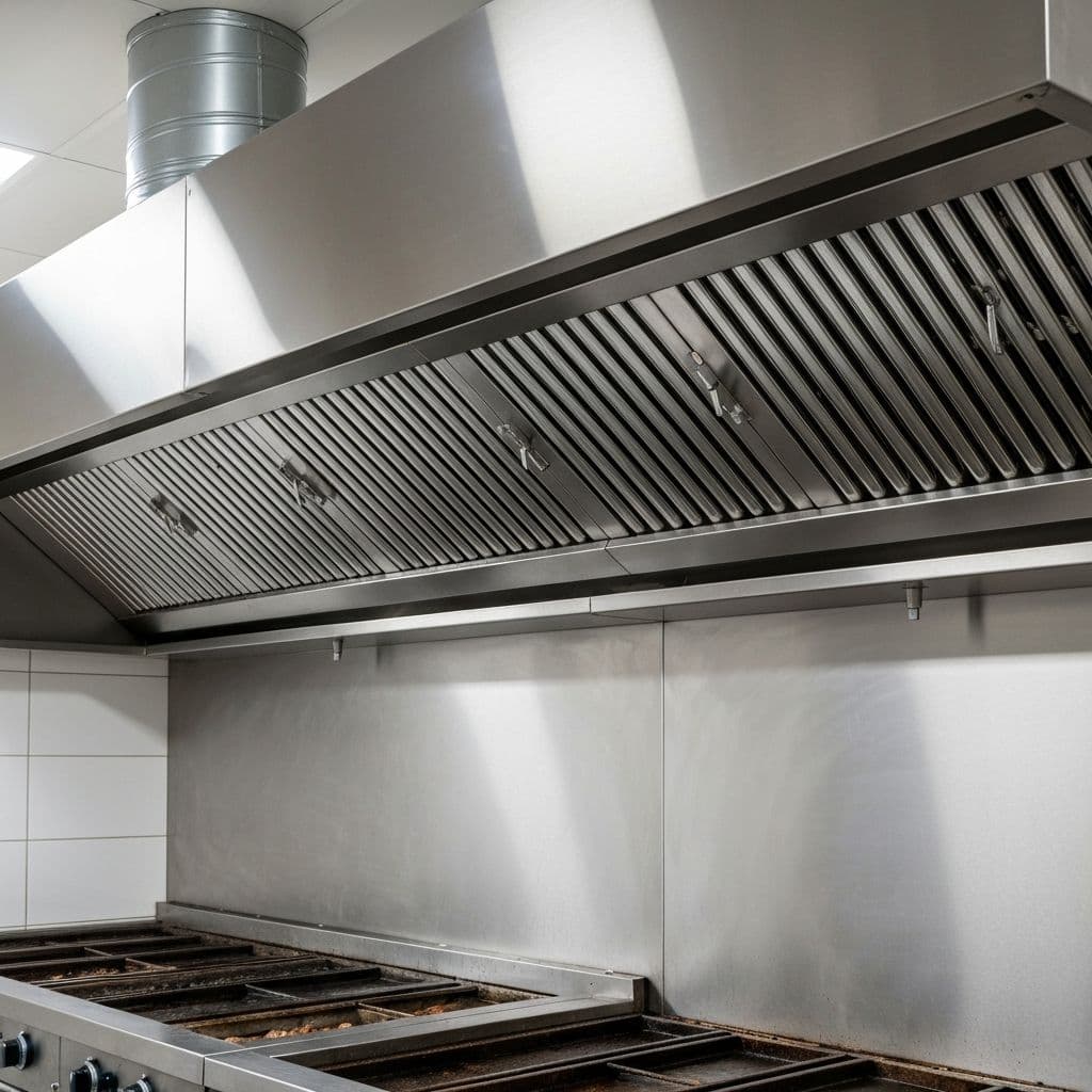 After cleaning: commercial kitchen exhaust hood with grease removed from canopy surfaces
