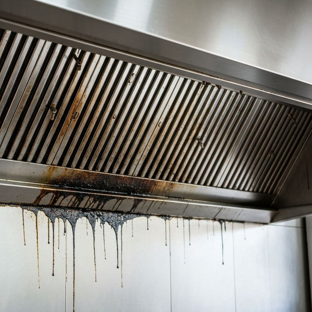 Before cleaning: commercial kitchen exhaust hood with heavy grease on canopy surfaces