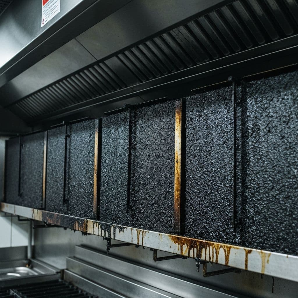 Before cleaning: commercial kitchen grease filters in Parkersburg, WV coated with grease